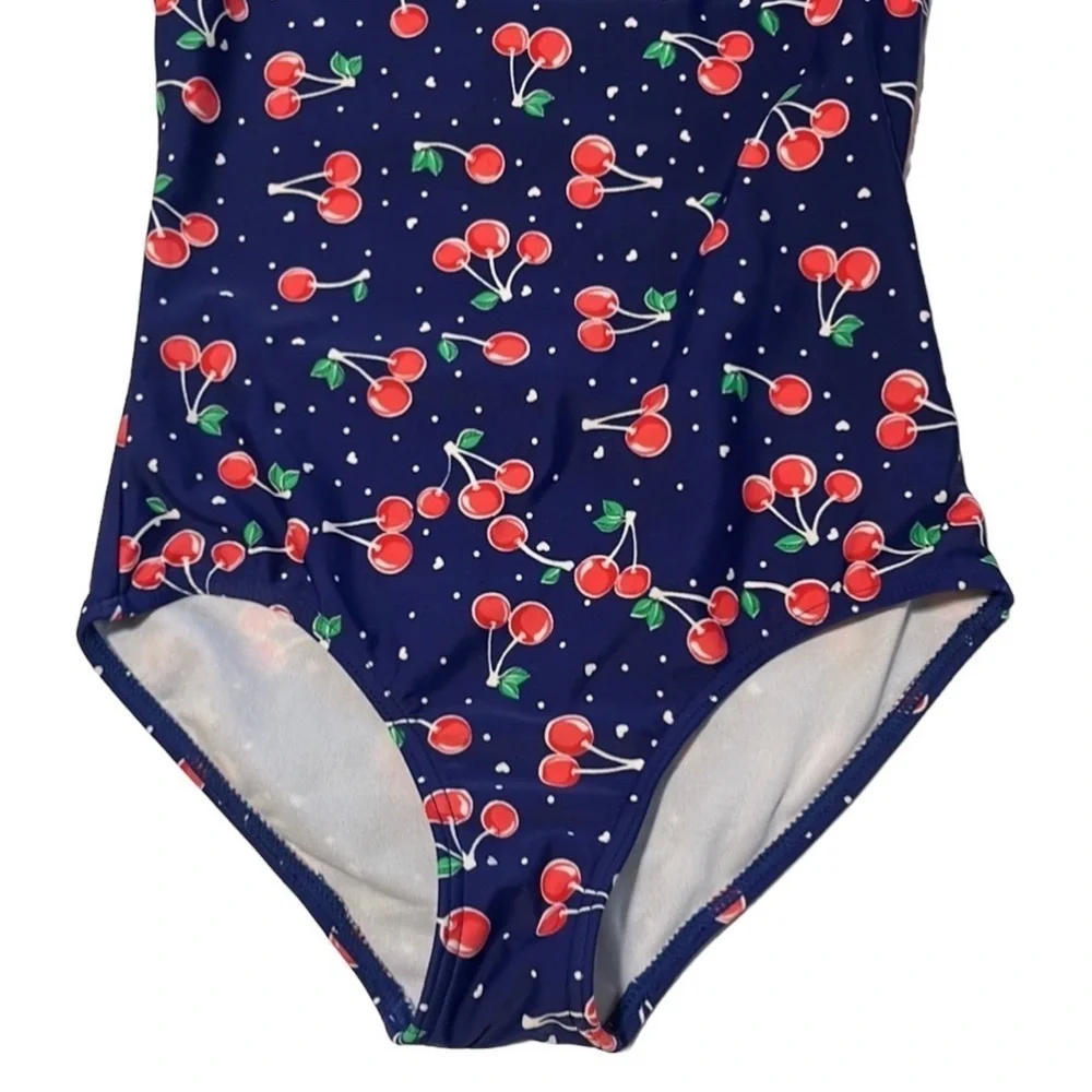 Xhilaration Girl’s Navy Blue Cherry One Piece Swimsuit Medium 7/8
